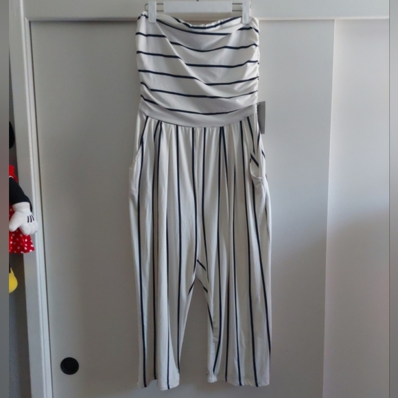 Soft Knit Nautical Stripe Pull-on Wide Leg Pants Romper Pockets Cropped Preppy - Picture 3 of 8